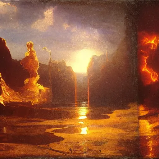 Image similar to Oil split in two, heaven and hell, by Albert Bierstadt, masterpiece, 4k