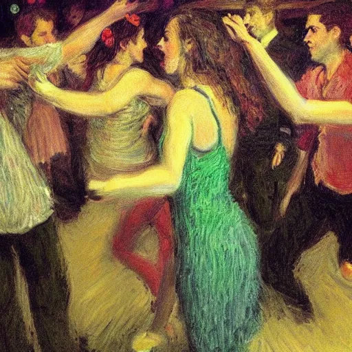 Image similar to young people dancing and drinking in a nightclub, partylights, beautiful people, by monet, trending on artstation