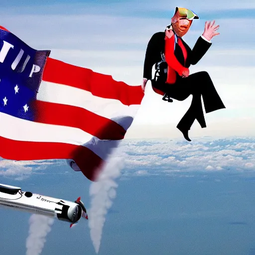 Prompt: donald trump flying using a jetpack