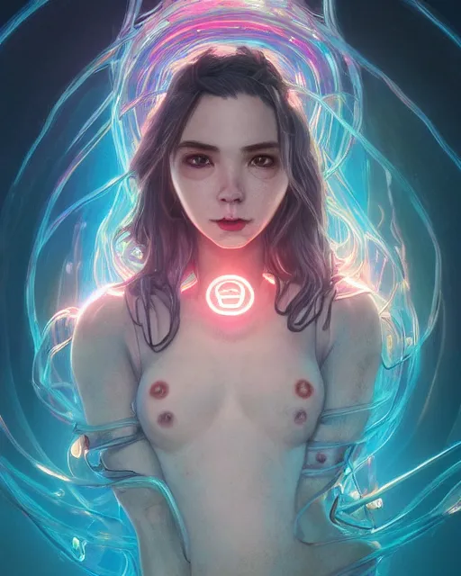 Image similar to portrait of a cute female shark, bioluminescent, wires, horror, happy, highly detailed, digital painting, cinematic, hyperrealism, dark retrowave, art by stanley lau and artgerm and magali villeneuve and alphonse mucha, artstation, octane render, cgsociety