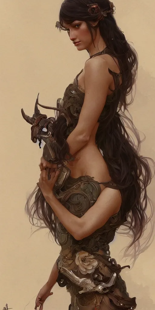 Prompt: an attractive young female, olive skin, long dark hair, beautiful bone structure, intricate, elegant, highly detailed, digital painting, artstation, concept art, smooth, sharp focus, illustration, art by artgerm and greg rutkowski and alphonse mucha