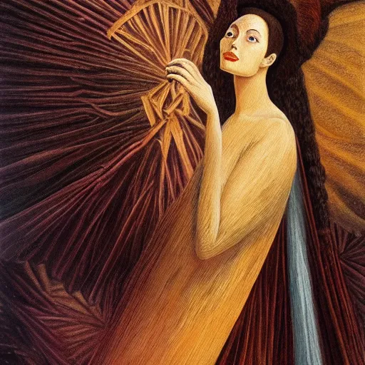 Image similar to a beautiful highly detailed painting of a woman in the style of Remedios Varo.