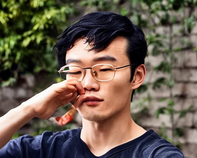 Prompt: mr chen smoke weed and meditate in the garden, he has dark black hair, young, detailed glad face, short hair, wearing glasses, muscular chest, pregnant belly, golden hour closeup photo, eyes wide open, ymmm and that smell