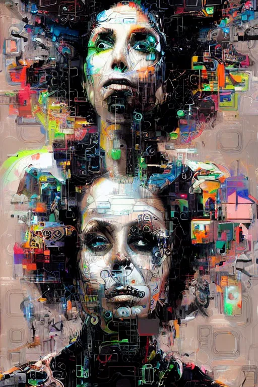 Image similar to portrait, headshot, digital painting, an delightfully crazy techno - shaman lady in circuit electronic mask, synthwave, glitch, pixel sort, fracture, realistic, hyperdetailed, chiaroscuro, concept art, art by john berkey