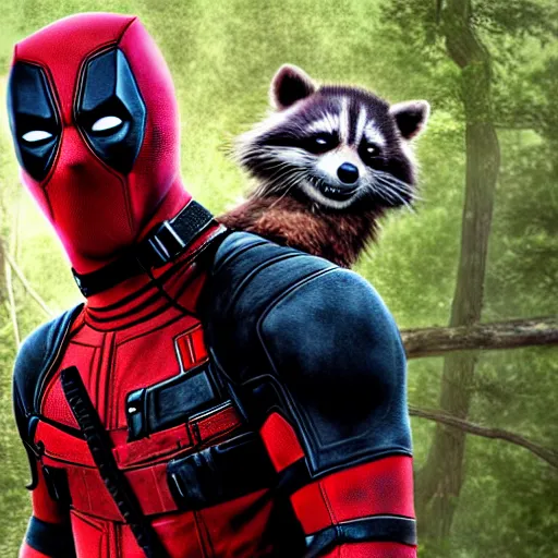 Image similar to deadpool and rocket raccoon in the woods digital art 4 k detailed