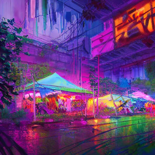 Prompt: acrylic painting, impressionism and expressionism, bold pastel colors. hippie bohemian encampment with a tie - dye tents and a garden. cyberpunk art by liam wong, cgsociety, panfuturism, cityscape, utopian art, anime aesthetic