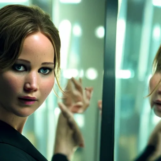 Image similar to jennifer lawrence touching mirror in matrix remake, ( eos 5 ds r, iso 1 0 0, f / 8, 1 / 1 2 5, 8 4 mm, postprocessed, crisp face, facial features )