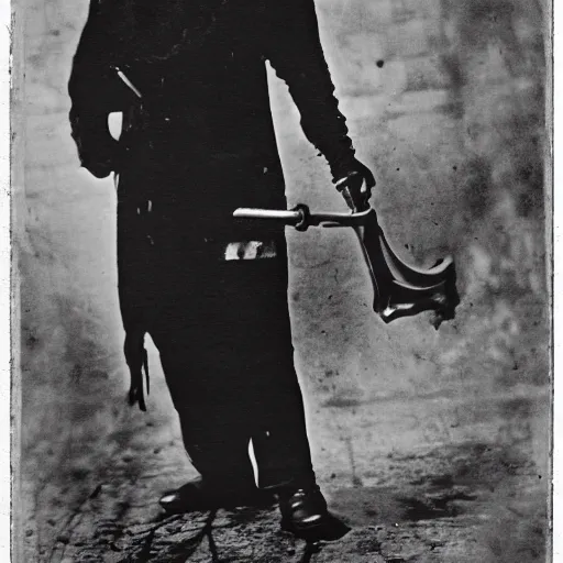 Prompt: A high quality black and white photo of the world's most infamous, serial killer, a minion named Minion the Ripper, shortly after claiming his last victim circa 1892.