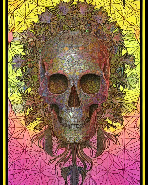 Image similar to Carved ancient skull art surrounded by varities of pineapple, cell shading, voronoi, fibonacci sequence, sacred geometry by Alphonse Mucha, Moebius, hiroshi yoshida, Art Nouveau, colorful, ultradetailed, vivid colour, 3d