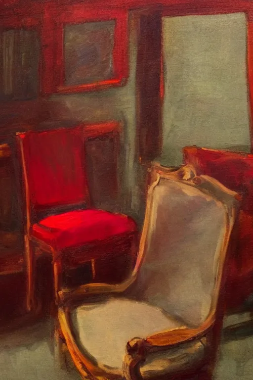 Prompt: an empty red dress laid across a chair in a dark victorian era room. in the style of american impressionism painting. triadic color scheme.