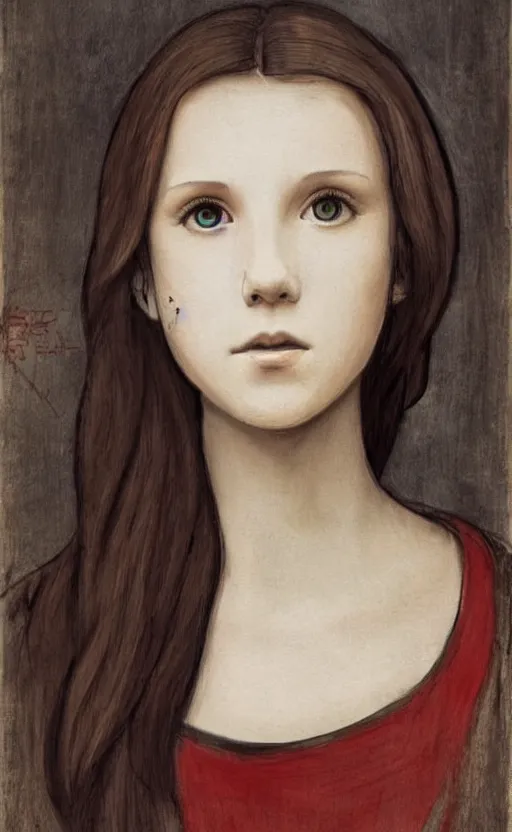 Image similar to millie bobby brown painted by leonardo da vinci in an anime style