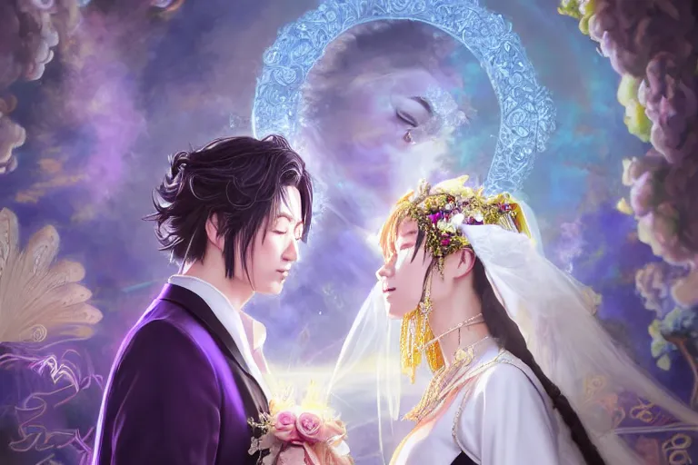 Image similar to a cinematic portrait of wedding photograph jpeg close up moment of a divine a japan sun god and moon goddess lovers magician at a wedding banquet. portraiture. digital painting. artstation. concept art. fantasy wedding photo. digital painting, 8 k realistic, hyper detailed, violet evergarden art masterpiece by art by krenz cushart