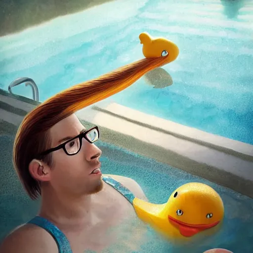 Prompt: a beautiful cute german guy with very long chestnut! hair, with glasses and goatee, attending a swimming pool tour, playing with rubber duck, digital painting, concept art, matte, artgerma and greg rutkowski