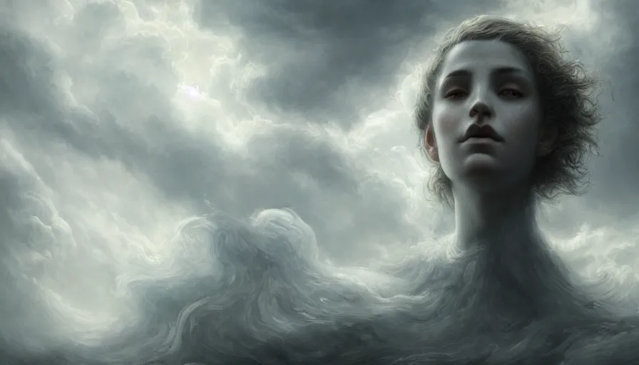 Prompt: face in the clouds, face made out of clouds, fantasy, dramatic, intricate, elegant, highly detailed, digital painting, artstation, concept art, smooth, sharp focus, illustration, art by gustave dore, octane render