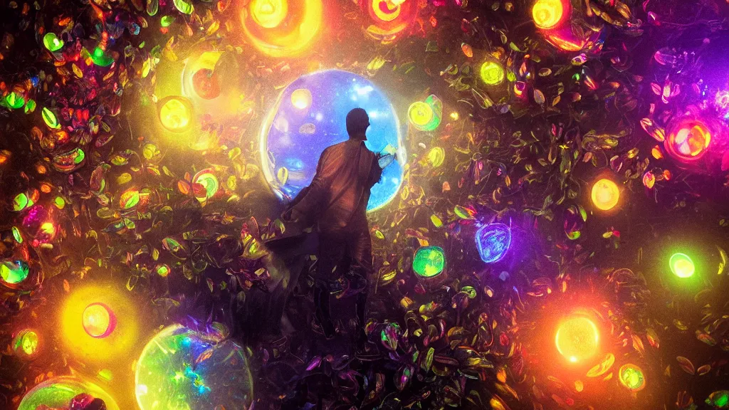 Image similar to swarm of colorful glowing iridescent discs surrounding an english man, by greg rutkowski