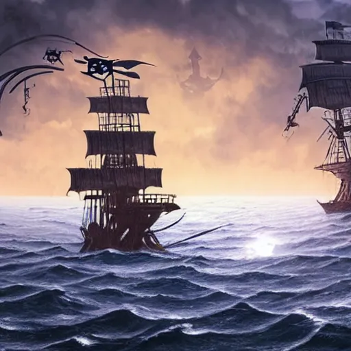 Image similar to A robot navigating an old pirate ship on the ocean, fantasy style