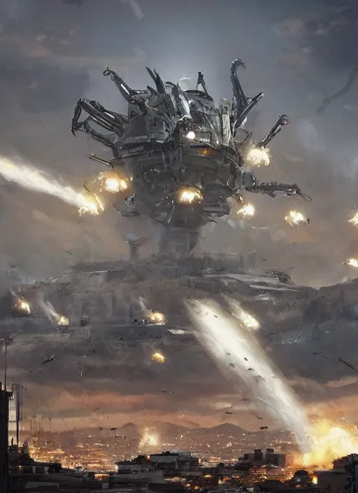 Image similar to hyper realistic squid robot attacking cape town city, table mountain explosions, atmospheric beautiful details, strong composition drawn in ink by kim jung giu weta studio rutkowski, james gurney and greg rutkowski, and lucasfilm