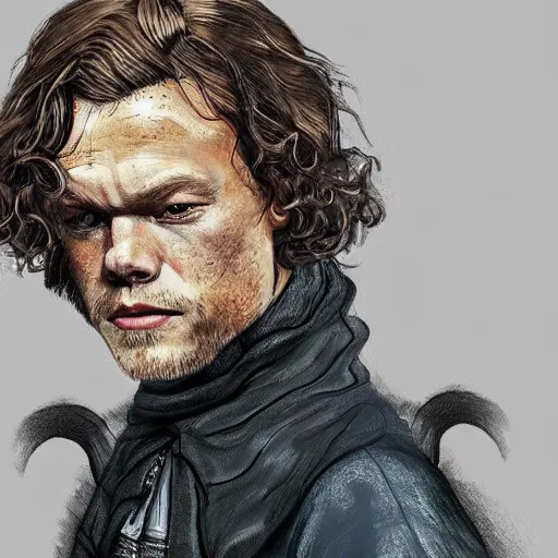 Image similar to Sam Heughan as Jamie Fraser, caricature portrait exaggerated by Sebastian Krüger and Bruno Tesse trending on artstation, hyperdetailed, funny , humor, perfect composition. Scotland background