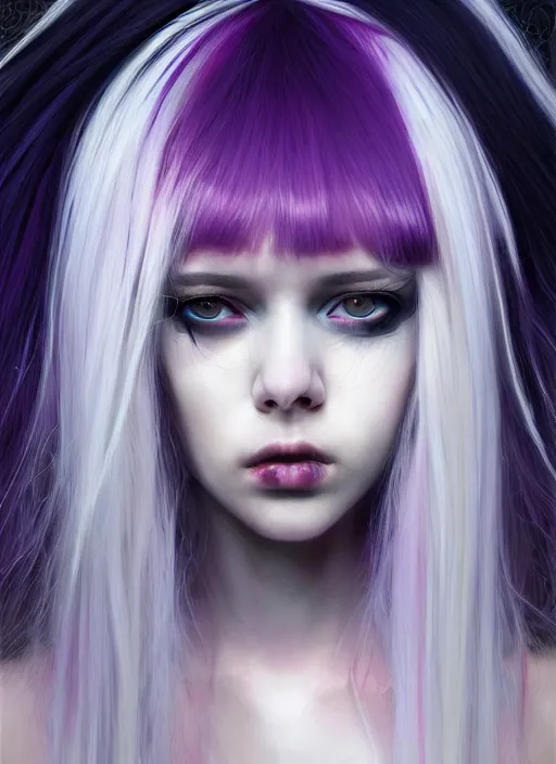 Image similar to hair whitebangs hair, black cyberlox, portrait of normal teenage girl, white bangs, messy bangs, fluffy bangs, cyberlox, whitebangs, red irises, purple background, intricate, elegant, highly detailed, digital painting, artstation, concept art, sharp focus, smooth, illustration, art by wlop, mars ravelo and greg rutkowski