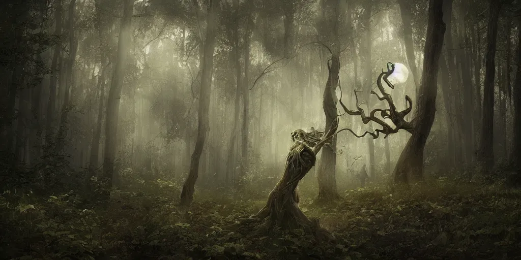 Prompt: a wood spirit in the trees with ectoplasma, photorealistic, by wlop, 4 k resolution h 7 6 8