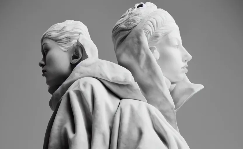 Image similar to well lit fashion shoot portrait of extremely beautiful female marble statue wearing huge over size puffer jacket by dingyun zhang, yeezy, balenciaga, vetements, a cold wall, sharp focus, clear, detailed,, cinematic, detailed, off white, glamourous, symmetrical, vogue, editorial, fashion, magazine shoot, glossy