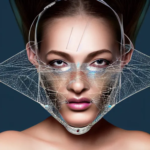 Image similar to portrait of a beautiful futuristic woman layered with high-tech jewelry wrapping around her face and head, 2067