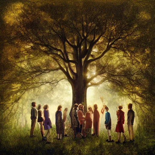 Image similar to A beautiful painting of a group of people gathered around a large tree in a forest. The tree is surrounded by a bright light, and the people appear to be looking up at it in wonder. dandelion by Sacha Goldberger