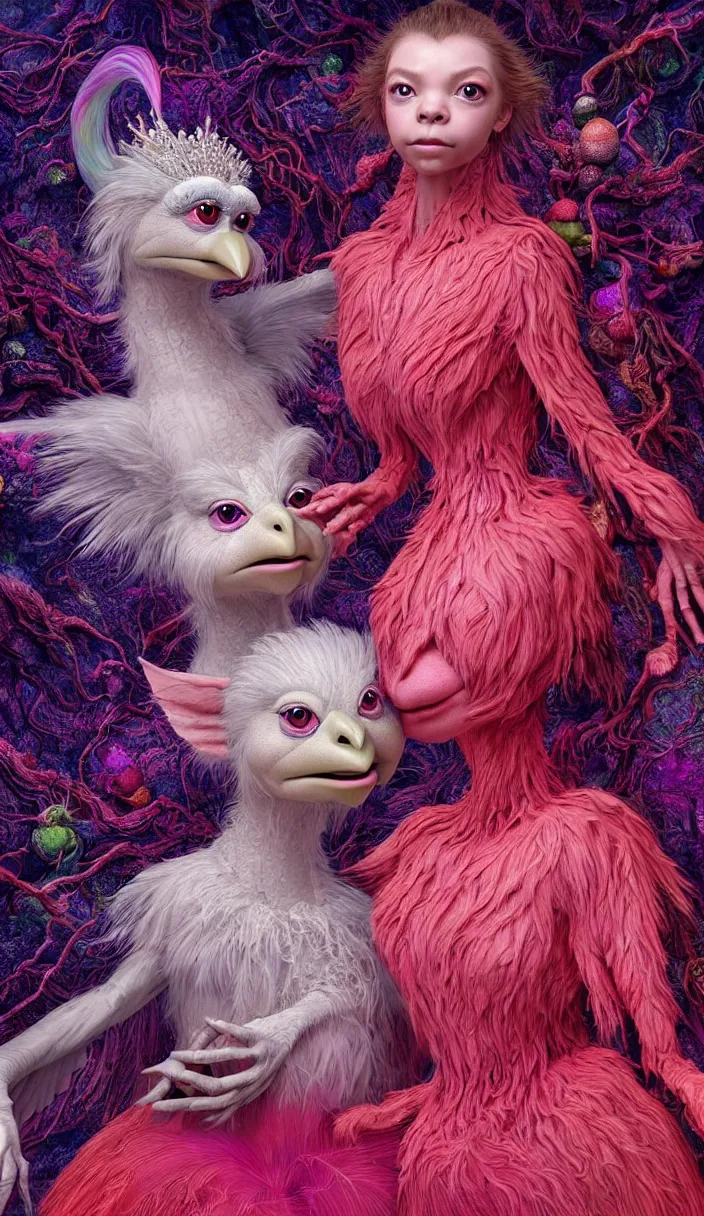 Image similar to hyper detailed 3d render like a Oil painting - kawaii portrait of two Aurora (a beautiful skeksis muppet fae queen protector from dark crystal that looks like Anya Taylor-Joy) seen red carpet photoshoot in UVIVF posing in scaly dress to Eat of the Strangling network of yellowcake aerochrome and milky Fruit and His delicate Hands hold of gossamer polyp blossoms bring iridescent fungal flowers whose spores black the foolish stars by Jacek Yerka, Ilya Kuvshinov, Mariusz Lewandowski, Houdini algorithmic generative render, Abstract brush strokes, Masterpiece, Edward Hopper and James Gilleard, Zdzislaw Beksinski, Mark Ryden, Wolfgang Lettl, hints of Yayoi Kasuma and Dr. Seuss, octane render, 8k