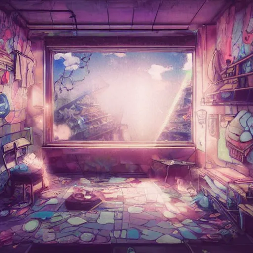 Prompt: anime background of the interior of a bedroom in the slums built from various coral seashells and being reclaimed by nature, nostalgia, vaporwave, litter, steampunk, cyberpunk, caustics, anime, vhs distortion, dynamic shot, cinematic letterbox, art created by miyazaki