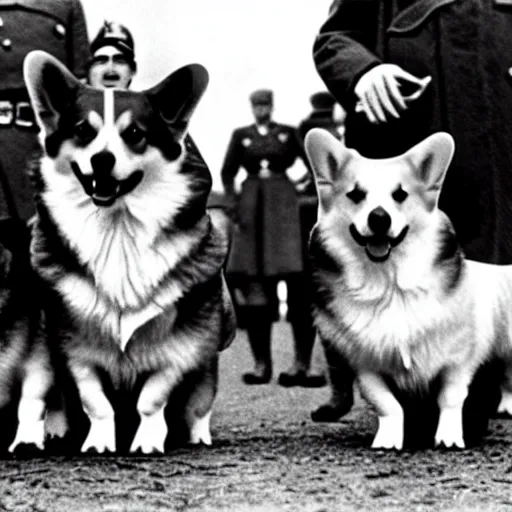 Image similar to ultra wide historical photo of young queen elizabeth and her corgis conquering nazi germany, sharp focus, highly detailed