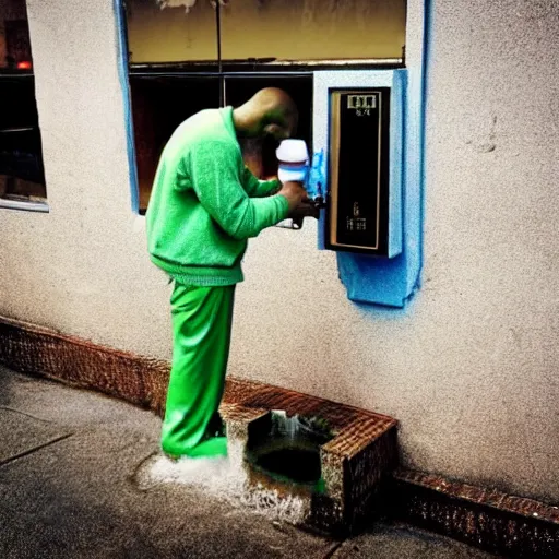 Prompt: “ a man drinking from a water fountain filled with urine. ”