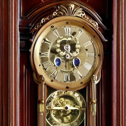 Prompt: photo of a grandfather clock with a human old-man head coming out of the front