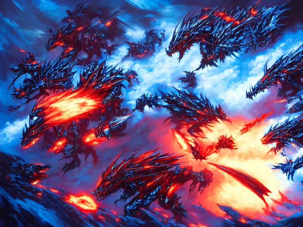 Prompt: battle between ice dragons and fire dragaons, cinematic lighting, epic proportions, collaborative painting by greg ruthowski, michael whelan, yoji shinkawa, collaboarative artwork, exquisitely high quality and detailed, artstation