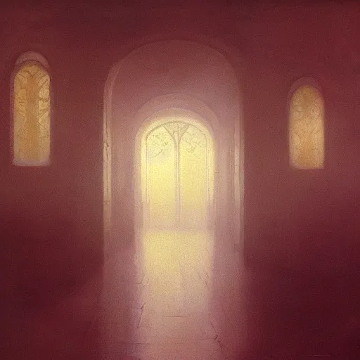 Image similar to A highly detailed hallway liminal space by Ivan Aivazovsky and Nicholas Roerich, impressionistic brushwork, silent hill aesthetic