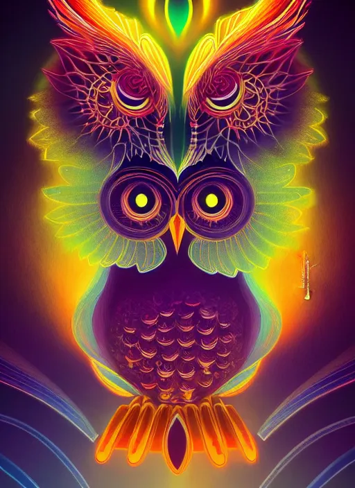 Image similar to symmetry!! product render poster vivid colors divine proportion owl, divine, glowing fog intricate, elegant, highly detailed, digital painting, artstation, concept art, smooth, sharp focus, illustration,