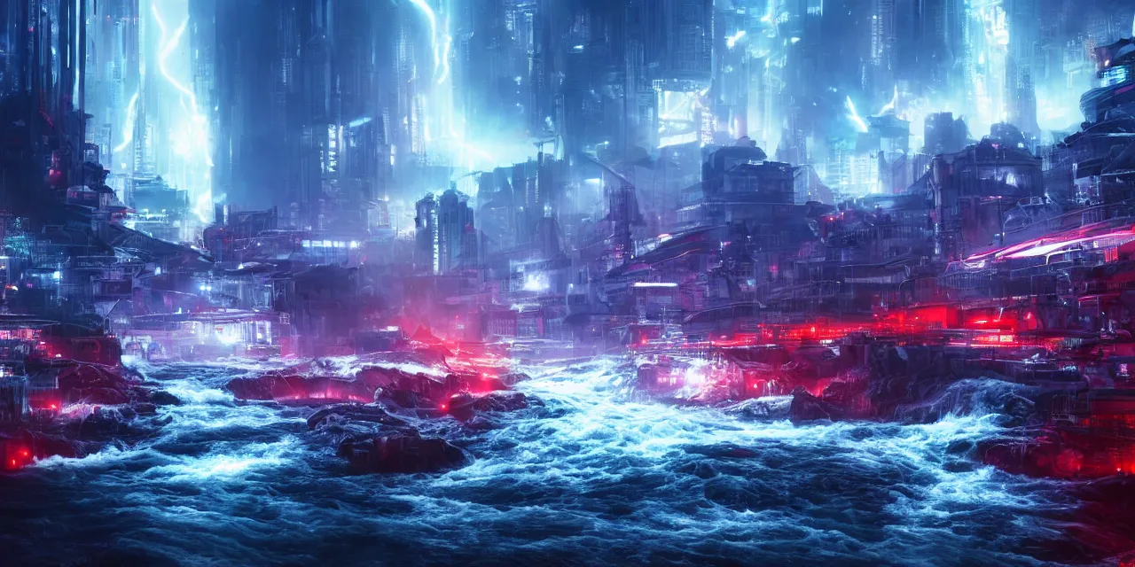 Prompt: turbulent river rapids rushing through a futuristic city at night , volumetric lighting, blue and red glowing lights, 4k, octane, unreal engine, high contrast, high saturation , cinematic film still, by artgerm and greg rutkowski