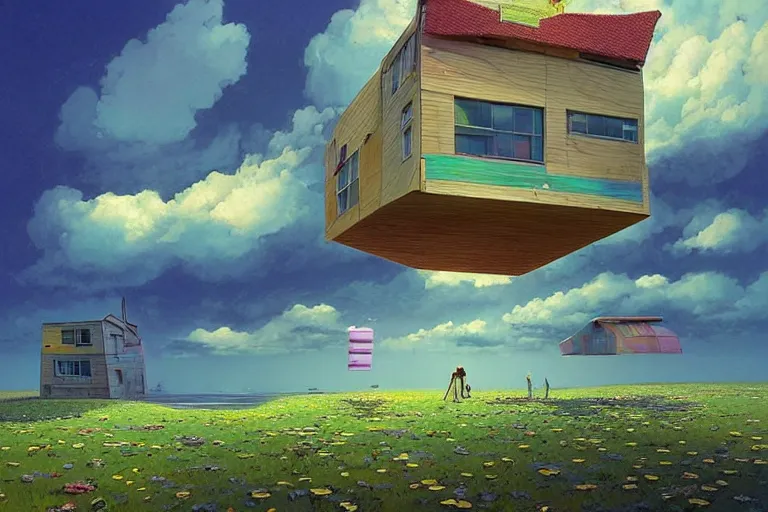 Image similar to surreal tokyo suburb, floating house in the sky, summer morning, very coherent and colorful high contrast, art by!!!! gediminas pranckevicius!!!!, geof darrow, dark shadows, hard lighting