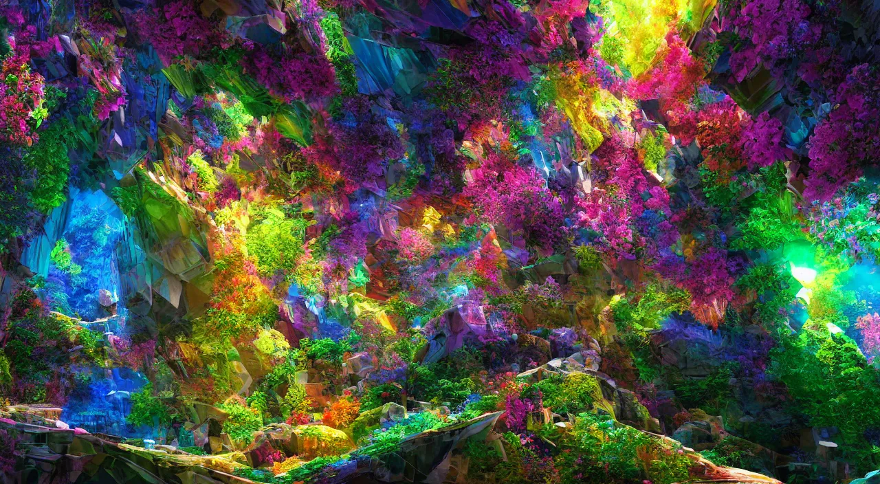 Image similar to biological crystallographic lattice bridging megastructure, in a canyon with flowers and lots of colors, by jack oliva - rendler, by glenn small, by albert bierstadt, photorealistic, zaha hadid, god rays, volumetric lighting, detailed, extremely intricate, raytrace, octane, light fog, neon