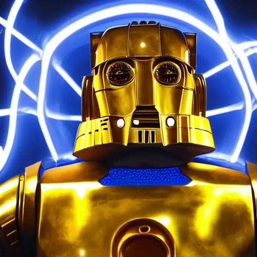 Image similar to portrait of c 3 p 0, blue and yellow glowing lights, highly detailed, 4 k