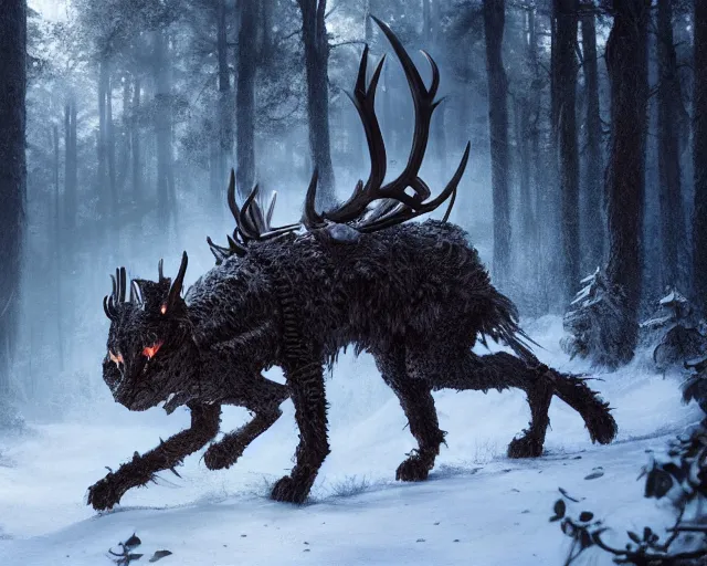Image similar to 5 5 mm portrait photo of an armored demonic cat with antlers, in a magical forest. magical atmosphere. art by greg rutkowski. highly detailed 8 k. intricate. lifelike. soft light. nikon d 8 5 0.