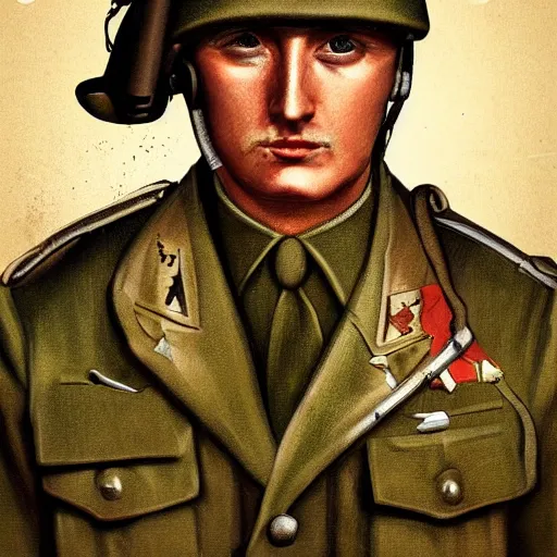 Image similar to scared shell-shocked soldier in ww2 uniform, war and explosions in the background, ptsd, world war, hell on earth, mud, no mans land, artwork by Émile Bernard + Frederick Lord Leighton + Gina Heyer + Jane Graverol, artstation, award winning