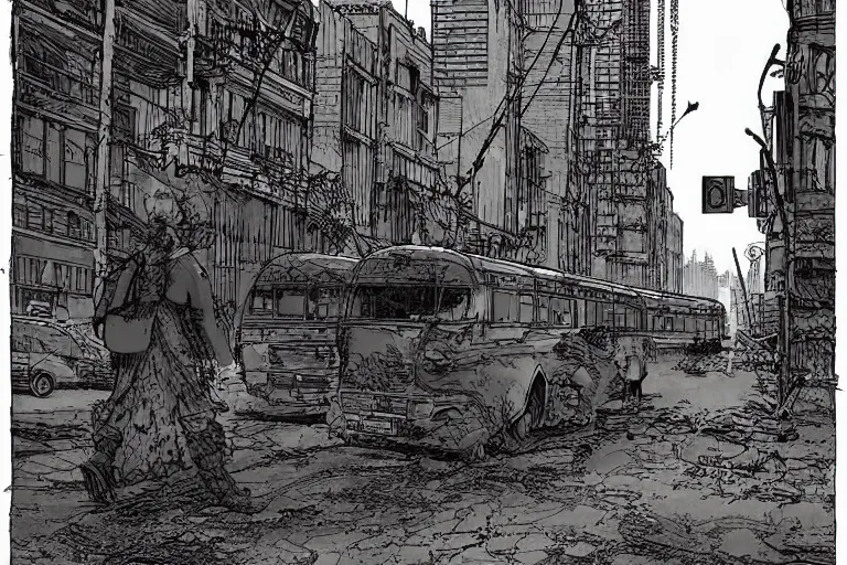 Image similar to bus stop at silent dark city, post apocalyptic city street by Moebius