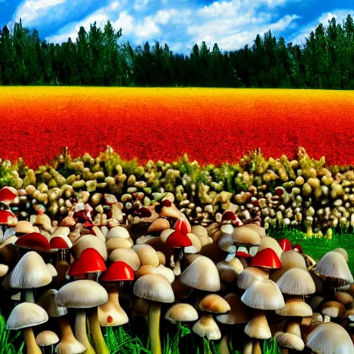 Prompt: field of colorful mushrooms, realistic, pretty