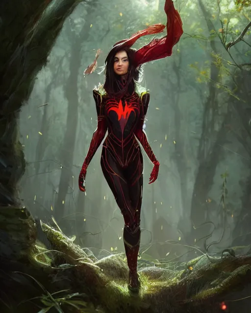 Image similar to a beautiful spiderwoman wearing a magical armor posing in a magical forest, hyper realistic face, fantasy art, in the style of greg rutkowski, illustration, epic, fantasy, intricate, hyper detailed, artstation, concept art, smooth, sharp focus