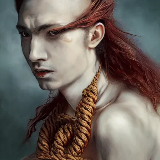 Prompt: portrait of a Shibari rope wrapped neck, headshot, insanely nice professional hair style, dramatic hair color, digital painting, of a old 17th century, old cyborg merchant, amber jewels, baroque, ornate clothing, scifi, realistic, hyperdetailed, chiaroscuro, concept art, art by Franz Hals and Jon Foster and Ayami Kojima and Amano and Karol Bak,