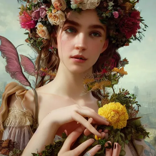 Image similar to baroque portrait of a steampunk bohemian nature nymph in a simple dress with floral decoration, cinematic lighting, photorealistic, octane render, 8 k, depth of field, 3 d, art by artgerm and greg rutkowski and alphonse mucha and uang guangjian