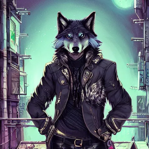 Image similar to beautiful furry art portrait commission of a furry anthro wolf fursona wearing punk clothes in the streets of a cyberpunk city. character design by charlie bowater, ross tran, rick griffin, miles df, detailed, inked, western comic book art