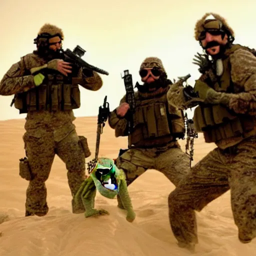 Prompt: muppets dressed as special forces fighting in the desert. epic action movie production photograph.