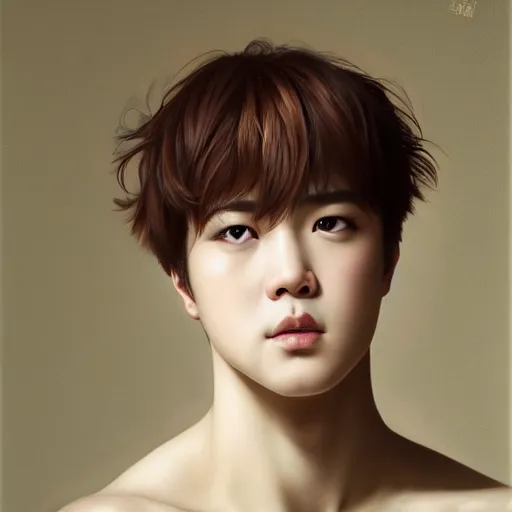 Image similar to wide angle full body portrait of Park Jimin as Antinous, dramatic photography, dramatic facial expression, tears, hand on his cheek, soft skin, soft blush, intricate, ethereal, highly detailed, high resolution, 8K resolution, sharp focus, Unreal engine 5, smooth, art by J. C. Leyendecker