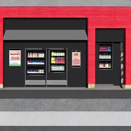 Prompt: Shopfront of a convenience store in anthracite with red burgundy details, award winning architectural design, best of retail